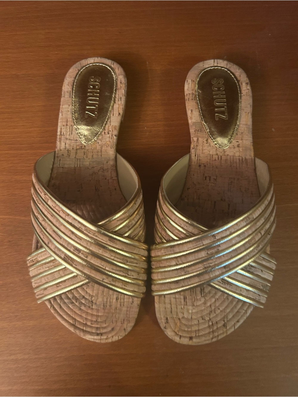 SCHUTZ Metallic Gold Cork Slide Mules